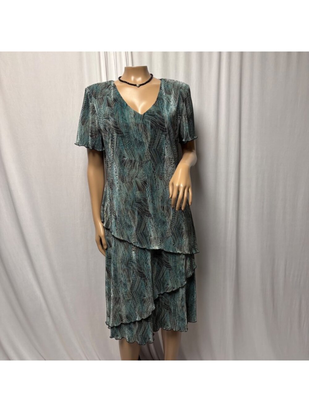 Dressbarn Layered Tiered Midi Dress Womens Sz 10 V Neck Short Sleeve Teal Black